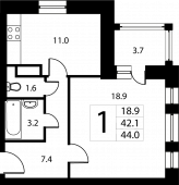 1-комнатная квартира 42,3 м²